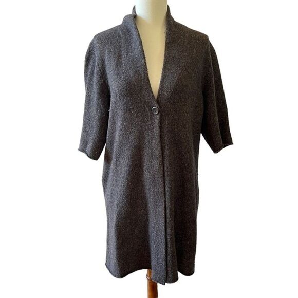 EILEEN FISHER WOOL BLEND SINGLE BUTTON CARDIGAN SWEATER SHORT SLEEVE BROWN M - Picture 1 of 12